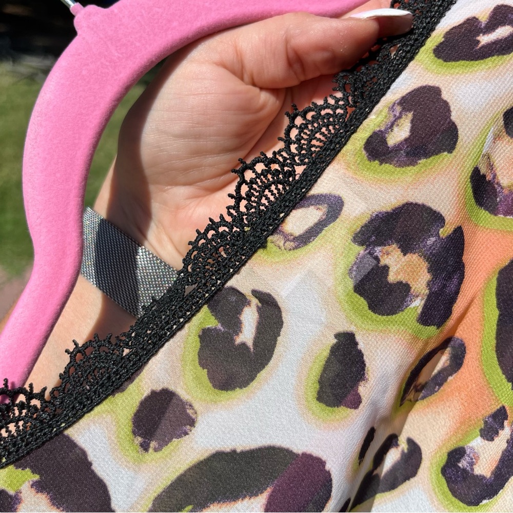Leopard print long chiffon sheer kimono with black scalloped lace trim size M - Picture 5 of 7